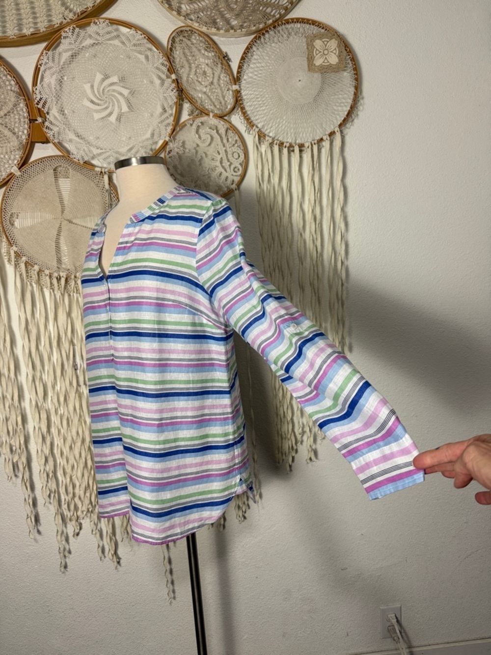 Talbots Stripe Linen Camp Shirt with Roll Tab Long Sleeve Size Large - Picture 3 of 12